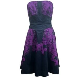 Karen Millen Black Purple Floral Lace Fit And Flair Strapless Cocktail Dress 8